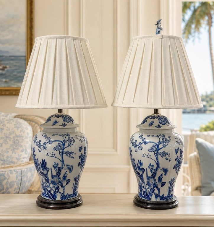 PAIR BLUE & WHITE GINGER JAR TABLE LAMPS 28" (1 of 7)
