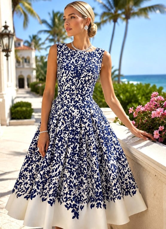 OSCAR DE LA RENTA BLUE & WHITE DRESS SIZE 12: Elegant Oscar de la Renta sleeveless fit-and-flare dress crafted in Italy, featuring a timeless cobalt blue floral silhouette print over a crisp ivory background. Beautifully tailored with a structure