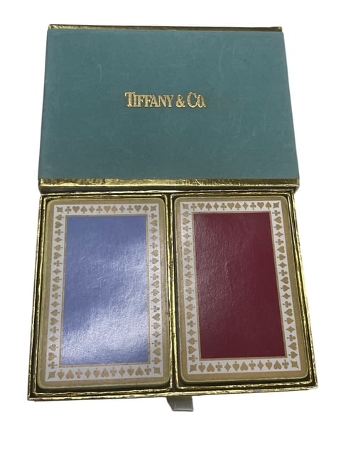 TIFFANY & CO DOUBLE DECK CARDS IN ORIGINAL BOX: - Vintage playing cards- Never used- In original presentation box- Tiffany & Co signed in gold on the classic green velvet box- See all pictures- Fabulous vintage find!