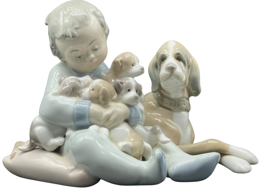 LLADRO NEW PLAYMATES BOY W PUPPIES FIGURINE 5": *for alternative shipping options please go to www.dejavuauctionshipping.com-LLADRO ?NEW PLAYMATES? #5456 BOY WITH PUPPIES FIGURINE-Charming Lladr? porcelain figurine titled New Playmates (#5456),