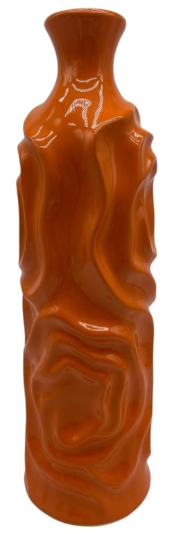 MID-CENTURY STYLE ORANGE ART CERAMIC VASE 15": Striking mid-century style vase in a vibrant orange hue with an organically sculpted, freeform relief body and gently flared neck. The deeply molded abstract pattern creates exceptional depth and move