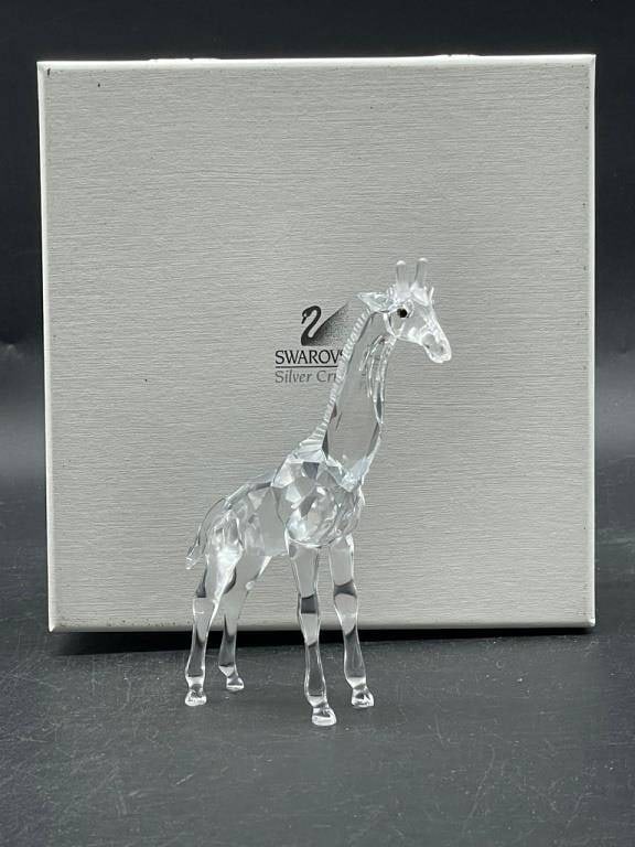 SWAROVSKI CRYSTAL GIRAFFE FIGURINE W BOX 5.5": -Elegant Swarovski Silver Crystal Giraffe figurine, model #236717, masterfully crafted in clear Austrian crystal with elongated neck and graceful stance capturing the refined beauty of this iconic saf