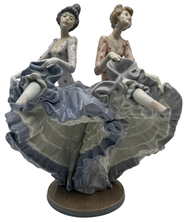 LLADRO CAN-CAN DANCERS FIGURINE 13": Large Lladró porcelain figurine depicting two elegant can-can dancers captured mid-performance with dramatic flowing ruffled skirts, graceful poses, and exceptional sculptural movement. Finished in L