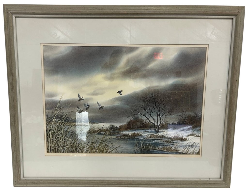 DORISE OLSON WINTER LANDSCAPE WATERCOLOR 31": A serene original watercolor by listed American artist Dorise Olson (Mona-Morai), depicting a tranquil winter marsh landscape with snow-covered banks, dramatic skies, and a small flock of ducks in fli