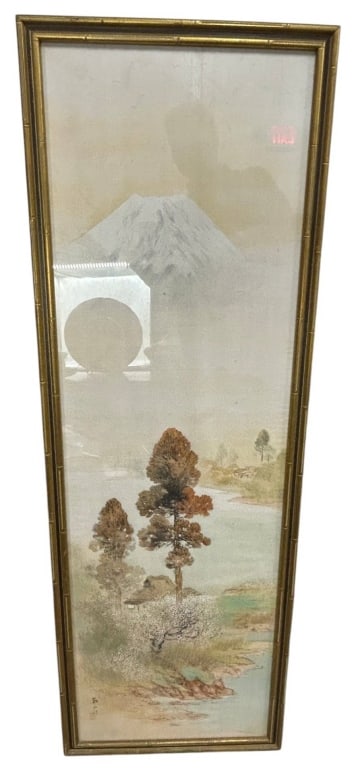 JAPANESE LANDSCAPE PAINTING WITH MT. FUJI 53": This elegant Japanese-style landscape painting depicts the iconic snow-capped peak of Mount Fuji overlooking a tranquil lakeside village with flowering trees and soft atmospheric washes. Executed in d