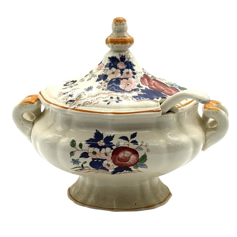 FLORAL TUREEN WITH LADLE 12": Elegant vintage ceramic soup tureen with matching lid and ladle, beautifully decorated with a colorful floral transferware pattern in rich shades of cobalt blue, burgundy, pink, and green against a wa