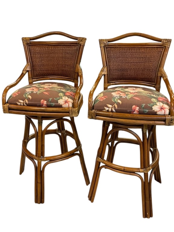 PAIR OF ISLAND-STYLE BAMBOO & RATTAN BAR STOOLS (1 of 2)