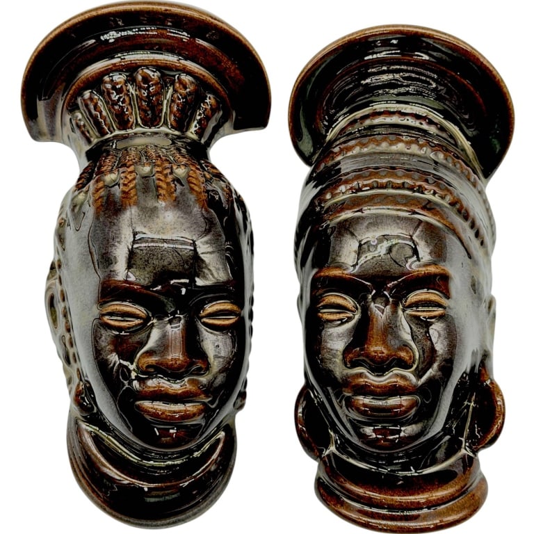 AFRICAN CERAMIC WALL MASKS PAIR 10" (1 of 5)