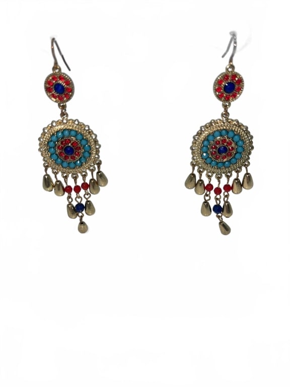 Gold-Tone Dangle Earrings with Color Beads: Gold-tone dangle earrings featuring turquoise, red, and blue beads in a circular design with gold drop accents. The earrings measure approximately 3 inches in length and have hook fastenings.