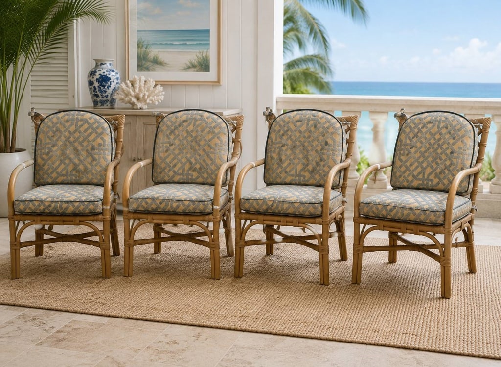 COASTAL RATTAN ARMCHAIRS SET OF 4 33": Bring relaxed coastal elegance to your home with this set of four rattan armchairs featuring gently curved bamboo-style frames and tailored upholstered seat and back cushions in a woven geometric patt