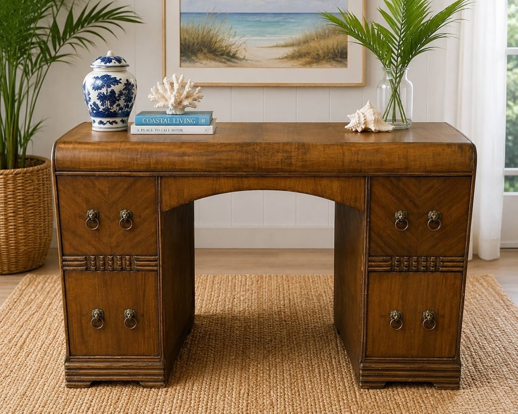 VINTAGE WALNUT KNEEHOLE DESK 41.5": This vintage walnut kneehole desk features a streamlined silhouette with rounded front corners, decorative carved accents, and four paneled cabinet doors fitted with classic lion's head ring pulls. Th