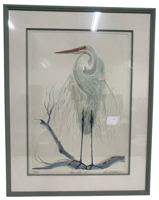 RICHARD E. WILLIAMS "PRESERVATION" 37": A limited edition print titled Preservation by listed Florida artist Richard E. Williams, pencil signed and numbered 204/250. This tranquil wildlife composition depicts an elegant white egret perched 