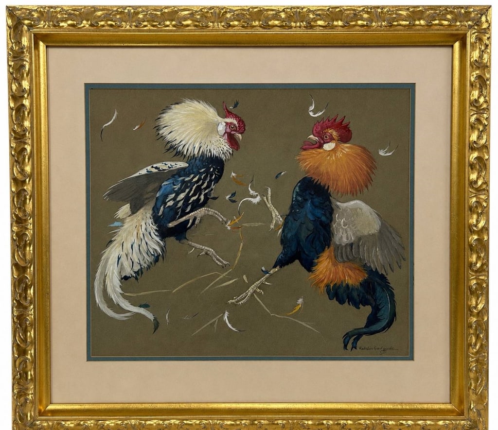 RALSTON GUDGEON FIGHTING COCKERELS GOUACHE 35" (1 of 8)