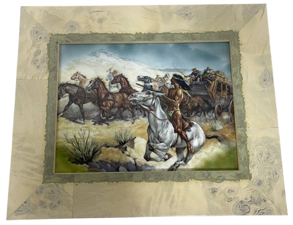 WESTERN STAGECOACH SCENE PRINT 13": This framed Western-themed print depicts a dramatic stagecoach chase through the frontier, featuring galloping horses, riders, and a Native American figure in pursuit. Presented in a wide decorative f