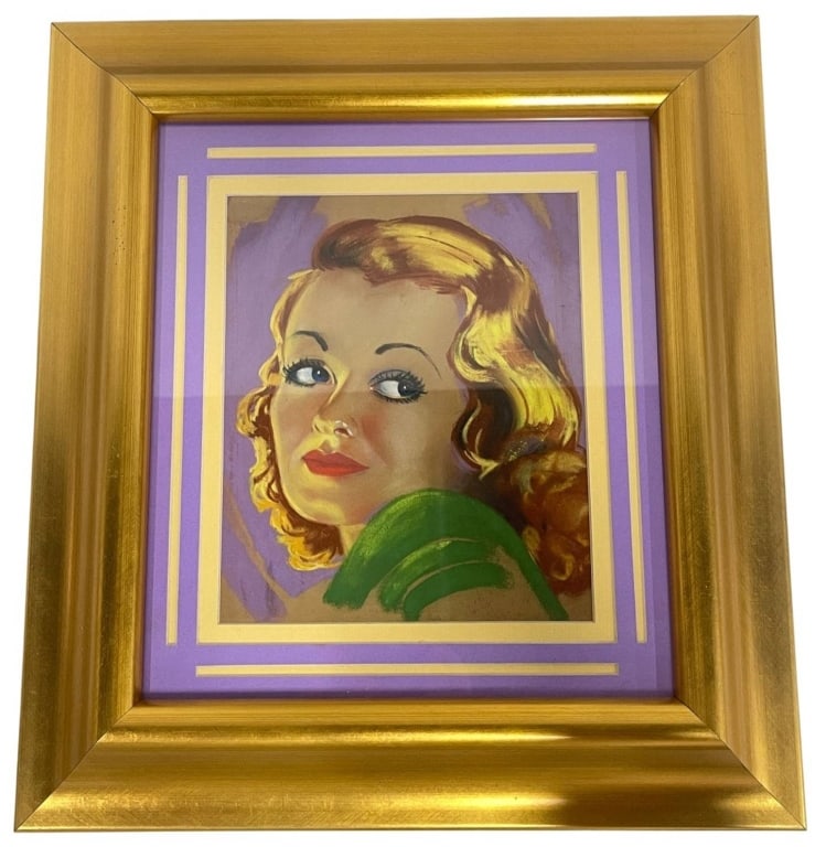 VINTAGE GLAMOUR PORTRAIT PRINT 16": This framed vintage glamour portrait print features a classic Hollywood-style blonde beauty rendered in rich, vibrant colors with an eye-catching lavender mat accented by gold trim. The elegant gold-t