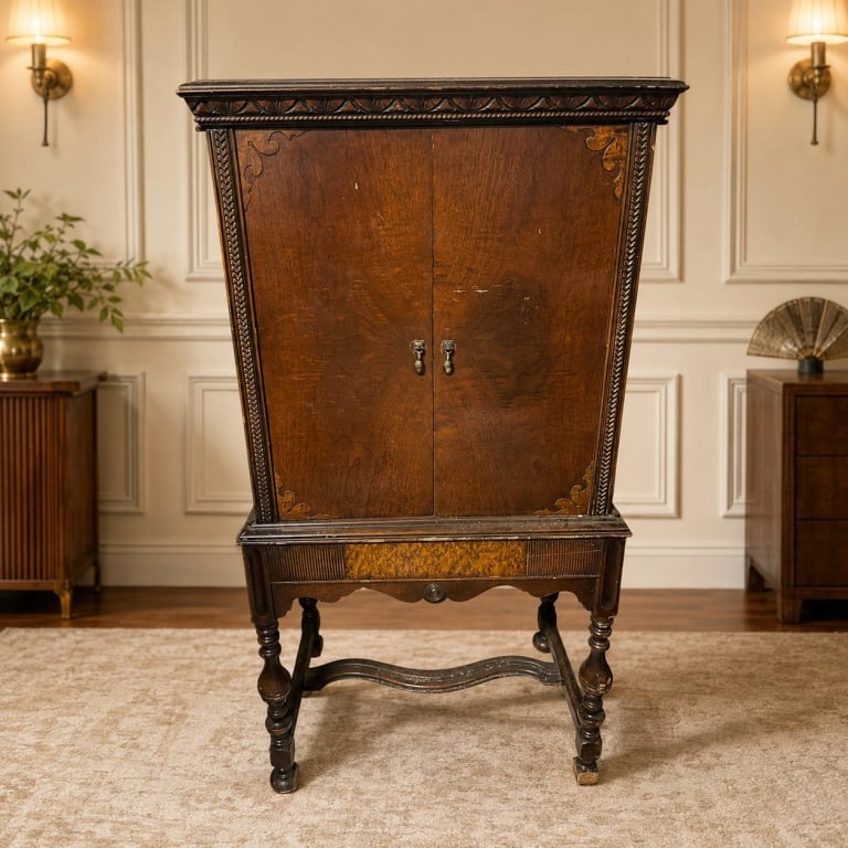 VINTAGE WALNUT RADIO CABINET ARMOIRE 50": This vintage walnut radio cabinet features an elegant figured wood veneer cabinet with decorative inlaid accents, carved rope molding, and turned legs joined by a shaped stretcher base. The double doo