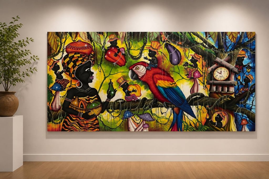 LARGE CONTEMPORARY FOLK ART PAINTING 78" (1 of 12)