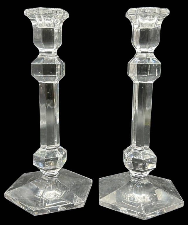 PAIR OF FACETED ART GLASS CANDLESTICKS 9" (1 of 3)