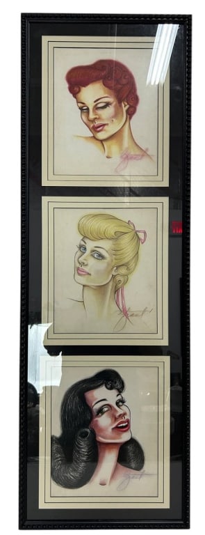 GLAMOUR PORTRAIT TRIO FRAMED DRAWINGS 46": Three glamorous female portrait prints presented together in a single custom black frame with cream matting, each depicting a different vintage-inspired beauty rendered in a classic pin-up and fashion