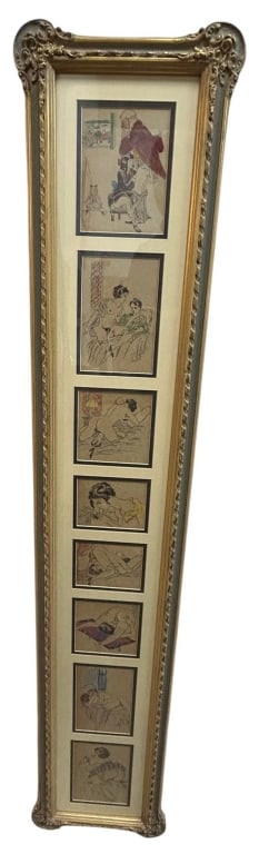 FRAMED ADULT EROTIC PRINT SERIES 56": A striking framed collection of eight vintage erotic illustrations presented in a tall, ornate gilt-finished frame. The sequential artwork features intimate figural scenes rendered in a classic Europe