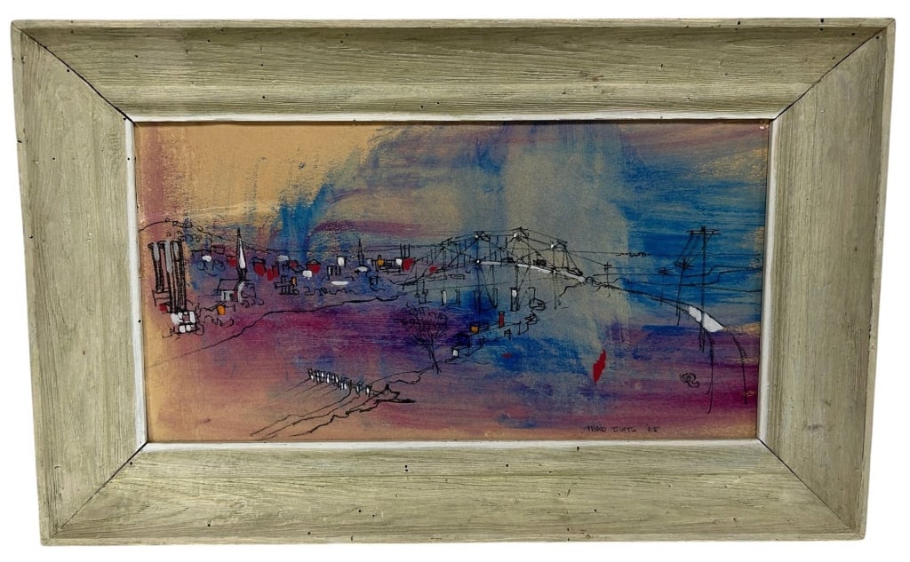 FRAMED ABSTRACT LANDSCAPE PAINTING 29": A framed original mixed media painting depicting an expressive abstract landscape or cityscape rendered in vibrant tones of blue, purple, rose, and warm earth colors. Loose architectural and landscape