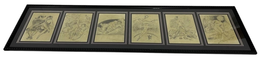 VINTAGE ADULT EROTIC FIGURAL ART COLLECTION 49?: Vintage framed collection featuring six humorous and risqu? figural illustrations rendered in monochromatic pencil-style detail. Each individual artwork depicts a different theatrical, romantic, or pl
