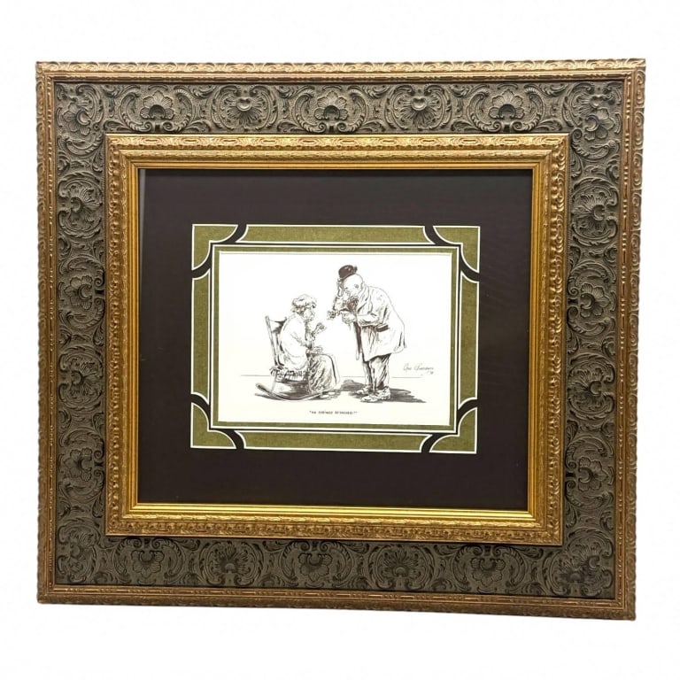 ANN CHAMBERS SIGNED PRINT 23": This framed print titled "No Strings Attached" is signed and dated 1978 by artist Ann Chambers and bears a copyright mark. Executed in monochromatic tones, the artwork depicts an elderly gentleman lea