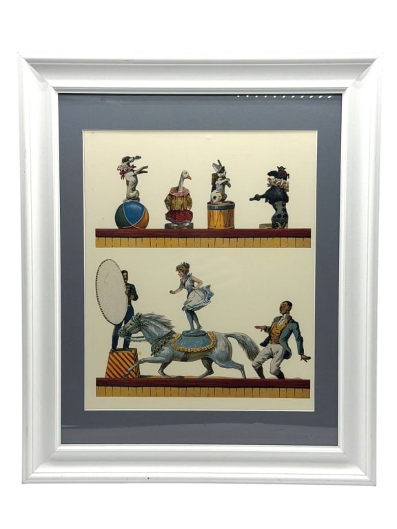FRAMED CIRCUS TOY ILLUSTRATION 20": This framed decorative print features a whimsical antique-inspired illustration of vintage circus toys and performers arranged in two display shelves. The upper register depicts toy animals including 