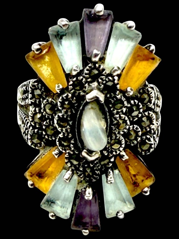 STERLING MULTI GEMSTONE & MARCASITE RING SZ 7: Striking vintage sterling silver cocktail ring featuring an elaborate floral burst design centered with a luminous marquise mother-of-pearl cabochon surrounded by sparkling marcasites. The dramatic ra