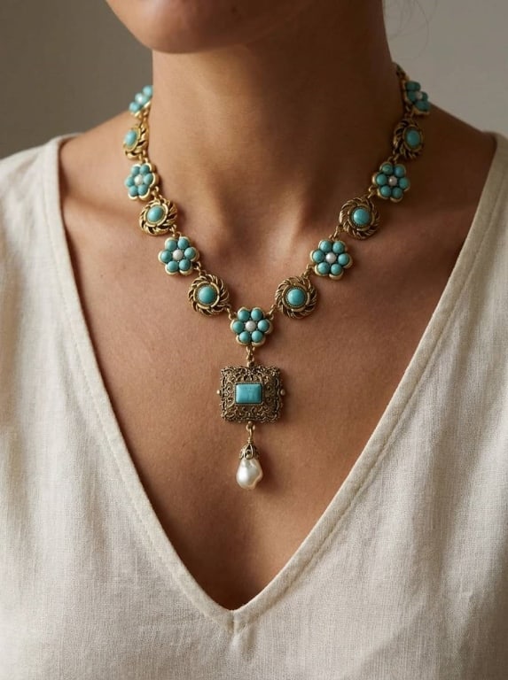 VINTAGE TURQUOISE AND PEARL 18K GP NECKLACE: This exquisite vintage necklace features vibrant turquoise stones, set in 18K GP, and highlighted by an elegant pendant with a natural drop baroque pearl. The delicate floral design offers a timeless 
