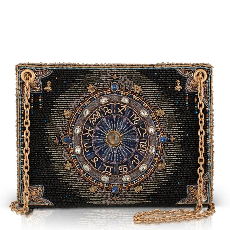 NEW MARY FRANCES COSMIC ENEGY BAG: Every Mary Frances piece is handmade! | | The Cosmic Energy crossbody purse is a hand-beaded masterpiece featuring an intricate zodiac wheel at its center, surrounded by celestial detailing in deep mi