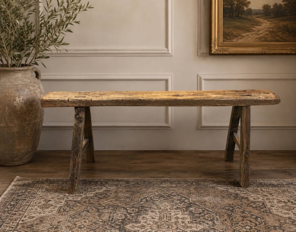 RUSTIC FARMHOUSE WOOD BENCH 50": Bring timeless rustic character to your home with this handcrafted farmhouse-style wooden bench featuring a beautifully weathered patina and simple trestle construction. Its solid plank seat, aged woo