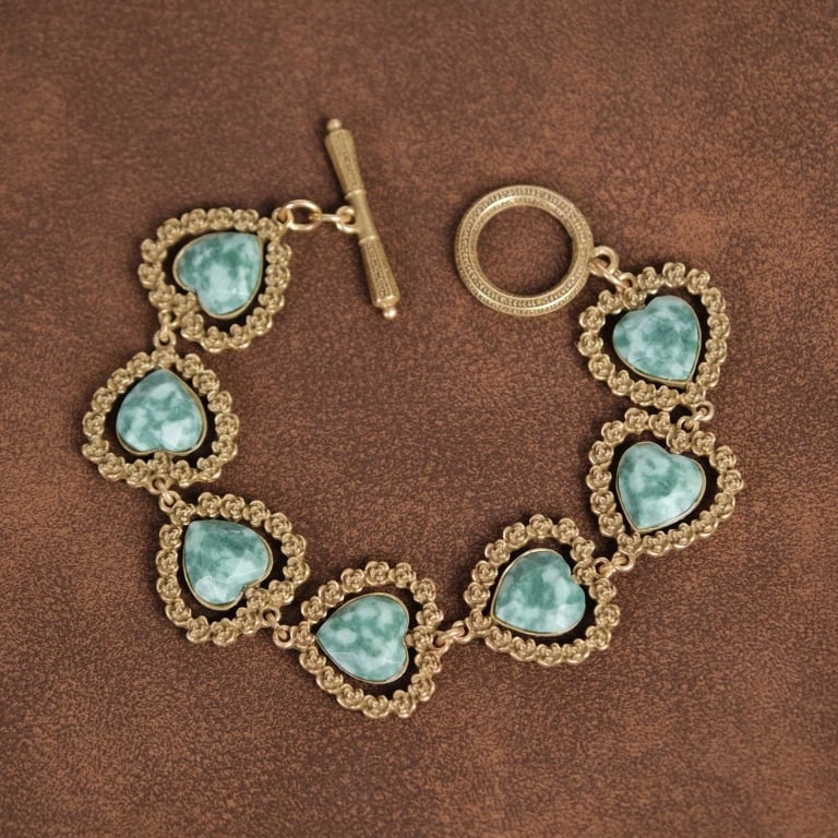 VTG 18K GP AMAZONITE HEART BRACELET: This vintage-inspired bracelet features beautifully carved heart-shaped natural amazonite stones, each framed by intricate textured detailing and finished with luxurious 18K GP. The soft green hues of