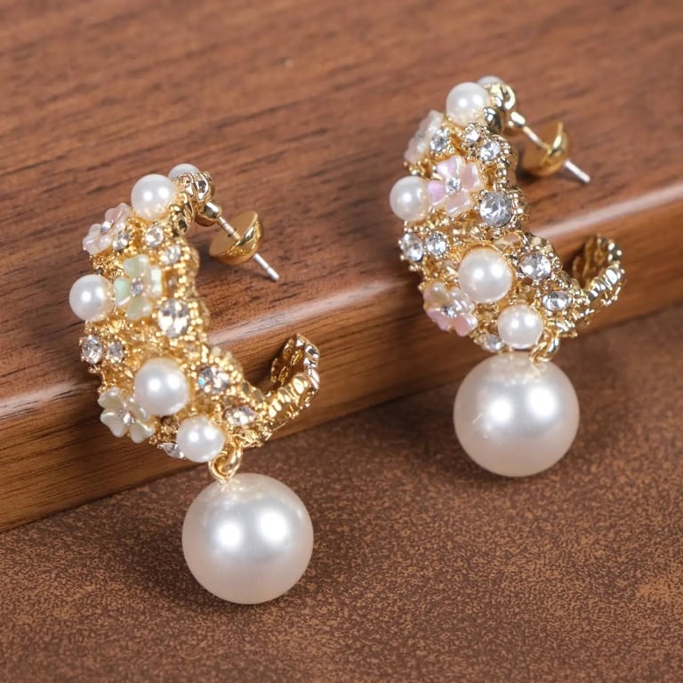 VTG 18K GP PEARL DANGLE EARRINGS: These stunning vintage dangle hoop earrings feature pearls in a graceful drop design, complemented by sparkling crystal accents along the edge. The golden frame enhances the vibrant hue of the stones,
