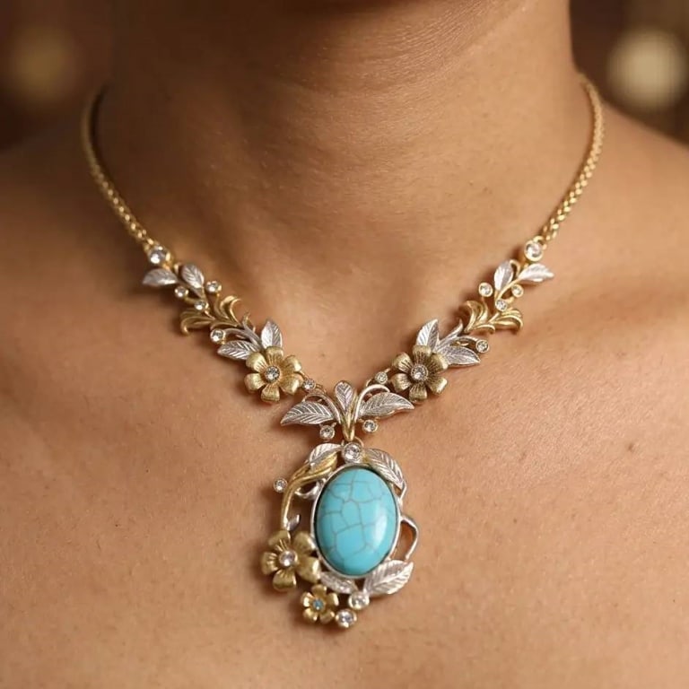 VINTAGE 18K GPTURQUOISE FLORAL NECKLACE: Elegant Vintage Floral Design: Features a stunning oval reconstructed turquoise centerpiece, surrounded by gold-tone flowers and silver-tone leaves with sparkling crystal accents for a timeless vintag