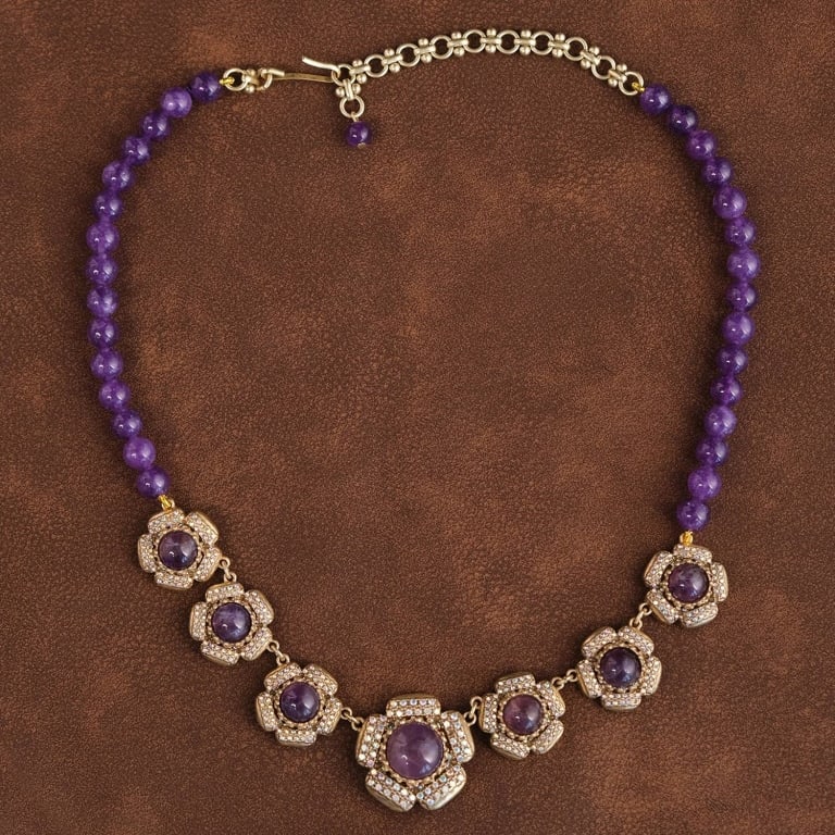 NATURAL AMETYST AND AGATE FLORAL NECKLACE: Exuding timeless elegance, this necklace features vibrant amethyst beads paired with sparkling crystal floral accents in a detailed gold-tone setting, crafted with brass and finished in 18K gold plati