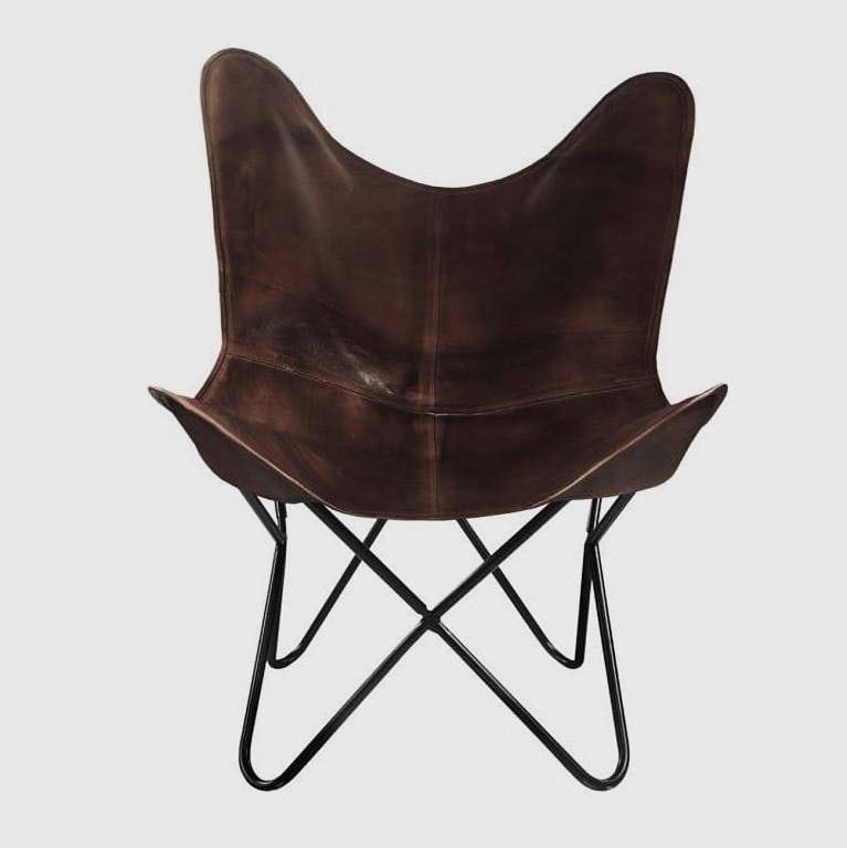 NEW SLING BUTTERFLY DK DISTRESSED BROWN LEATHER CH: -SLING BUTTERFLY BROWN LEATHER ACCENT CHAIR | -Dimensions: Approximately 35" H x 30" W x 30" D. | -Material: Typically crafted from a blend of canvas and leather (e.g., 70% canvas/30% leather or 90%/1