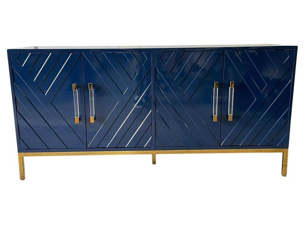 NAVY BLUE LACQUER GEOMETRIC CREDENZA W BRASS (1 of 6)
