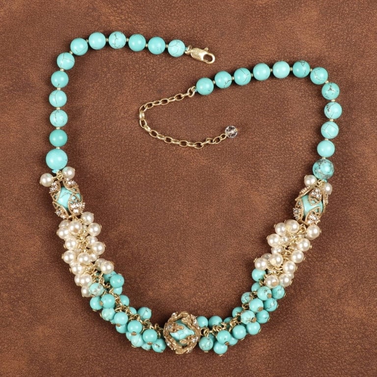VTG 18K GP TURQUOISE PEARL CLUSTER NECKLACE: Vintage 18K Gold Plated Turquoise & Cluster Pearls Necklace