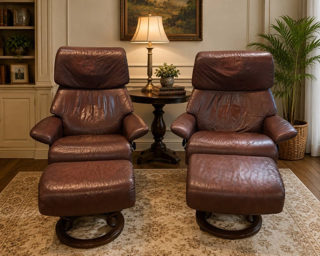 PAIR OF STRESSLESS LEATHER RECLINERS & OTTOMANS 41: A handsome pair of Stressless reclining lounge chairs with matching ottomans, crafted with the brand's signature ergonomic design for exceptional comfort. Upholstered in rich brown leather with lamina