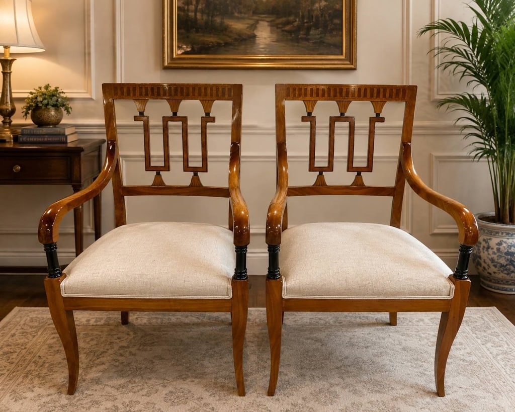 PAIR OF NEOCLASSICAL STYLE ARMCHAIRS 39": A handsome pair of neoclassical style armchairs crafted with warm-toned hardwood frames featuring elegant Greek key inspired open splat backs, gracefully curved saber front legs, and sweeping scrolled