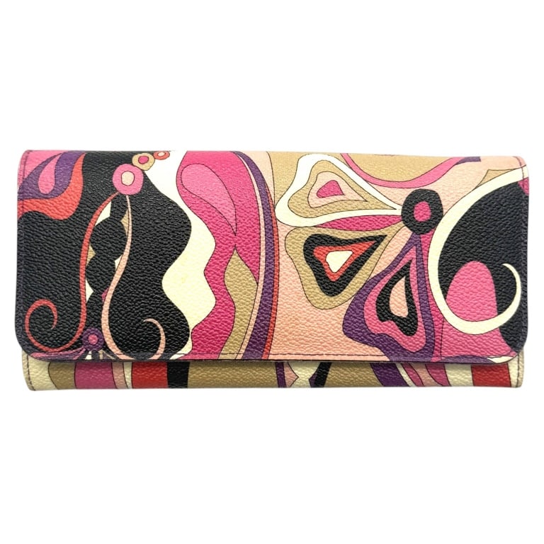 EMILIO PUCCI LONG WALLET 8": Vibrant Emilio Pucci long continental wallet featuring the house's iconic psychedelic print in shades of pink, purple, coral, black, ivory, and taupe. Crafted in Italy from textured leather, this eleg