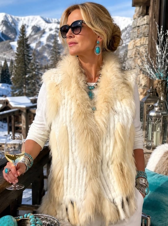 IVORY RABBIT & MARMOT FUR VEST SZ L: Luxurious genuine rabbit and marmot fur vest featuring a soft ivory palette accented with natural tan and gray highlights. The vest showcases beautifully knit rabbit fur panels complemented by plush m