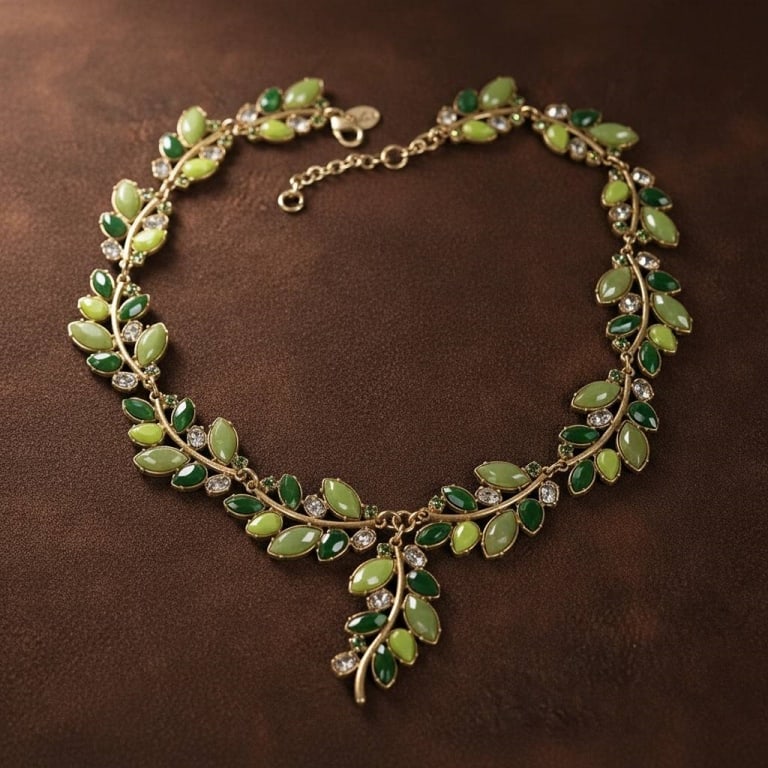 VTG 18K GP GREEN LEAF NECKLACE: This stunning vintage necklace features a beautiful arrangement of green crystals in a leaf motif, set in 18K GP. The sparkling rhinestones add a touch of elegance to the design. With a length of 19 i