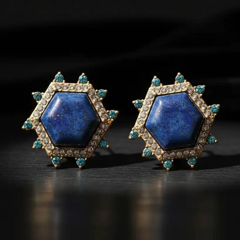 VTG 18K GP LAPIS LAZULI EARRINGS: These vintage-inspired 18K GP earrings feature a striking combination of natural lapis lazuli stones and sparkling crystals. The earrings are set in an intricate design, perfect for adding a touch of 