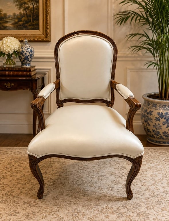 FRENCH LOUIS XV STYLE FAUTEUIL ARMCHAIR 38": Elegant French Louis XV style fauteuil armchair featuring a carved walnut frame with graceful cabriole legs, scrolling arms, and a shaped crest rail. The chair is upholstered in a soft ivory leather o
