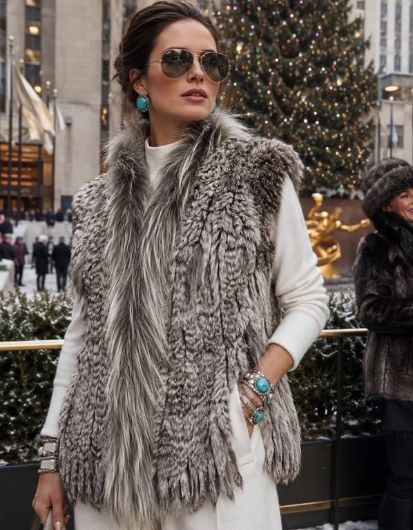 GRAY RABBIT & MARMOT FUR VEST SZ L: Elegant genuine rabbit and marmot fur vest showcasing a sophisticated palette of natural silver gray, charcoal, and taupe tones. Beautifully crafted with knit rabbit fur panels that create a richly te