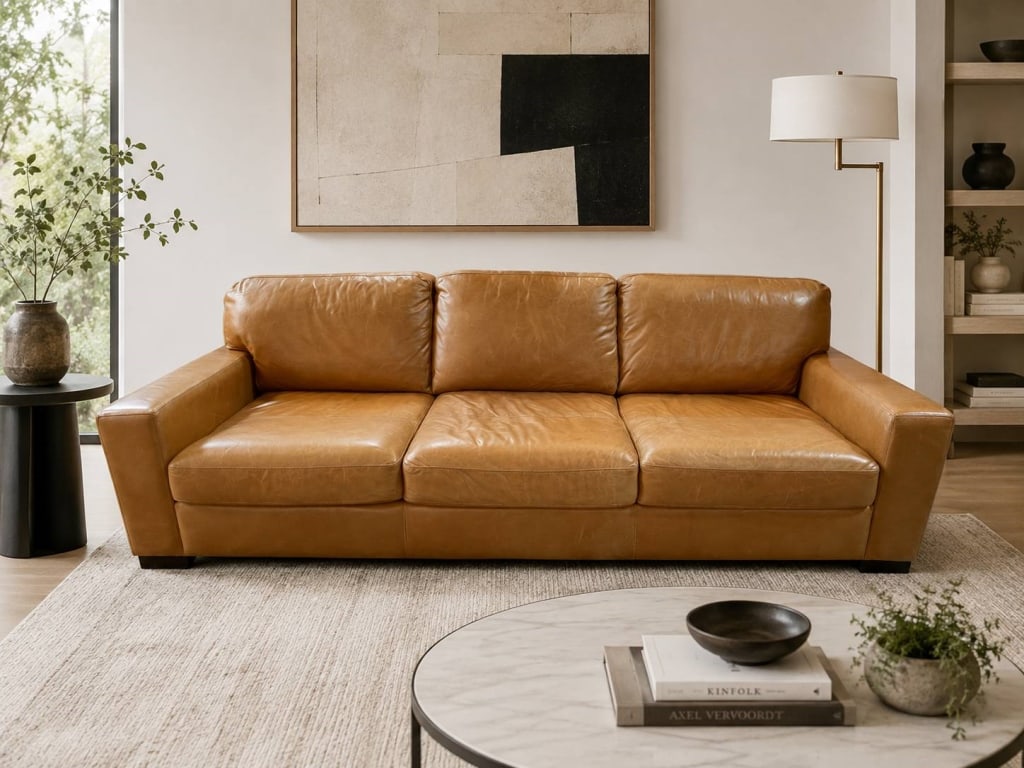 MODERN TAN LEATHER SOFA 93" (1 of 7)
