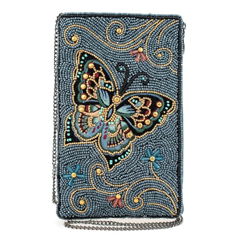 NEW MARY FRANCES MARIPOSA BAG: Every Mary Frances piece is handmade! | | Embrace the beauty of nature with our enchanting crossbody phone bag, adorned with a captivating beaded/embroidered butterfly set against a serene blue backgr