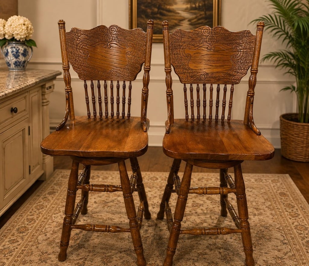 WINDSOR STYLE OAK BAR STOOLS 42": A handsome pair of traditional Windsor-style oak bar stools featuring richly grained solid wood construction, turned legs and stretchers, and beautifully carved crest rails with scrolling foliate moti